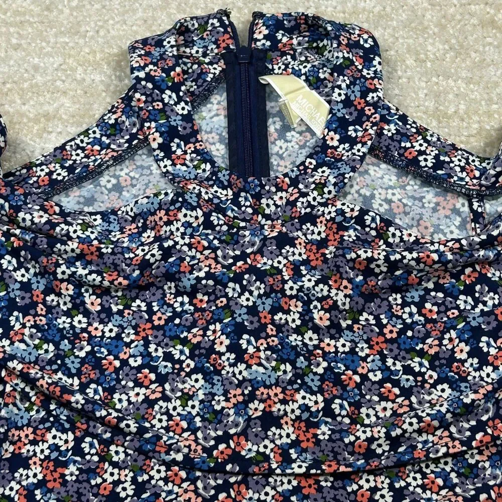 Michael Kors Dress Womens XS Navy Floral Cold Shoulder Ruffle Zipper Casual
